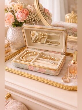 Vintage Floral Tapestry Jewelry Box Mirror Ring Holder Cottagecore Retro Case 🌸